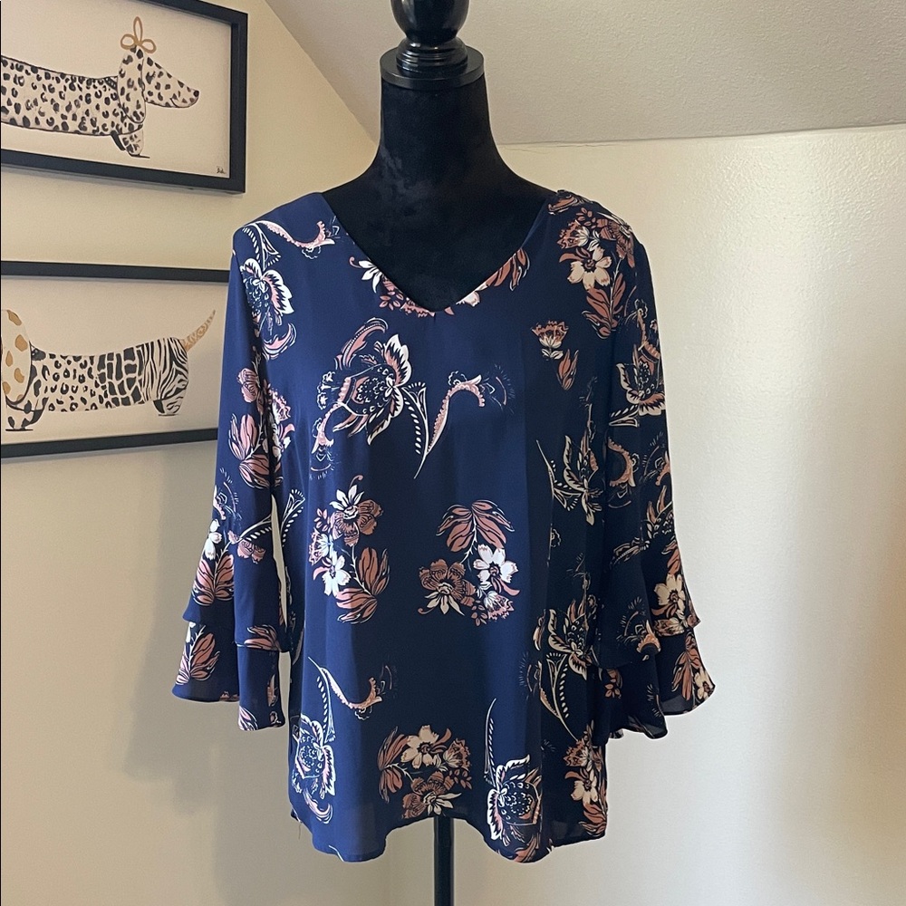 NY Collection Navy Floral Blouse